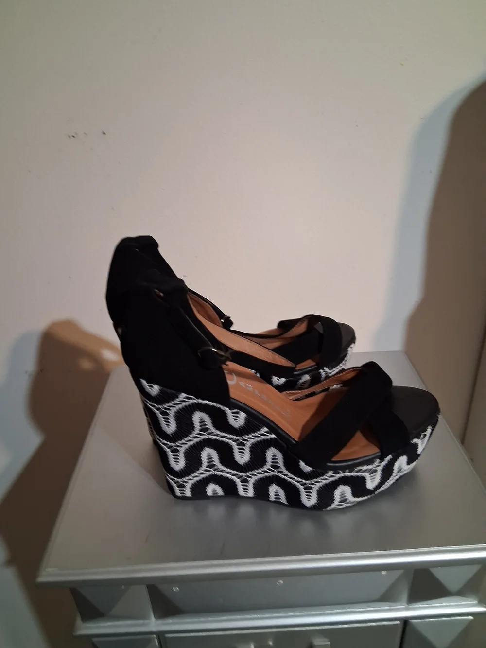 Jeffrey Campbell Black Suede with White Lace Patterned Wedge Sandals